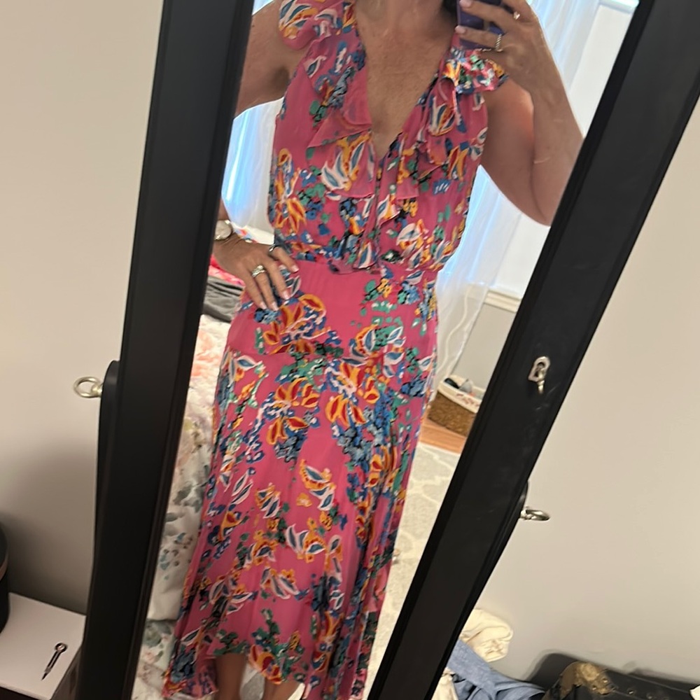 SALONI Pink and White High Low Sundress with Plunge Neckline